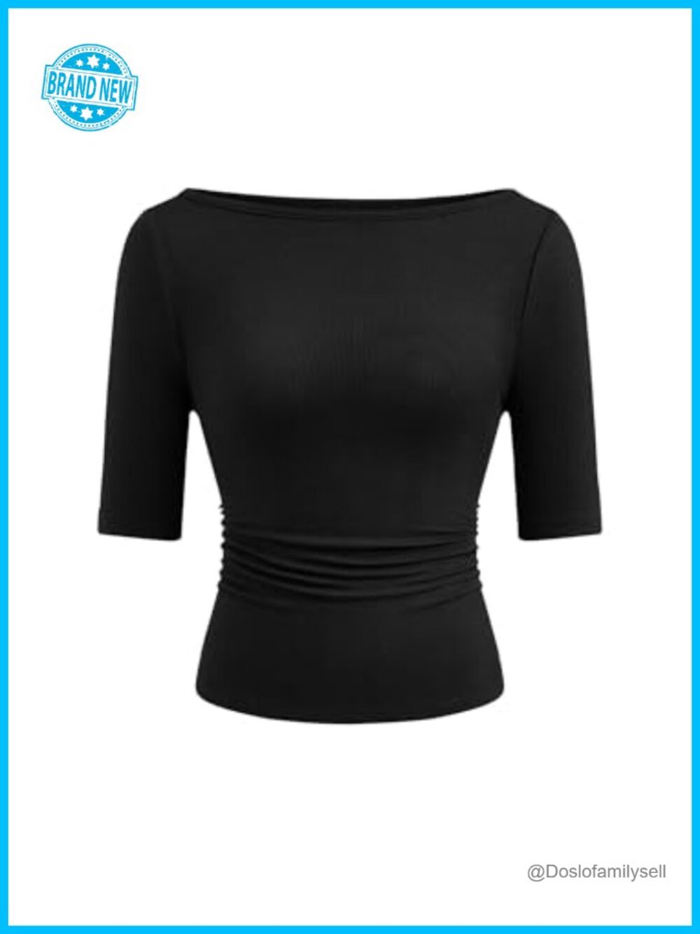Ribbed Knit Boat Neck Short Sleeve Slim Fit Ruched Crop Top